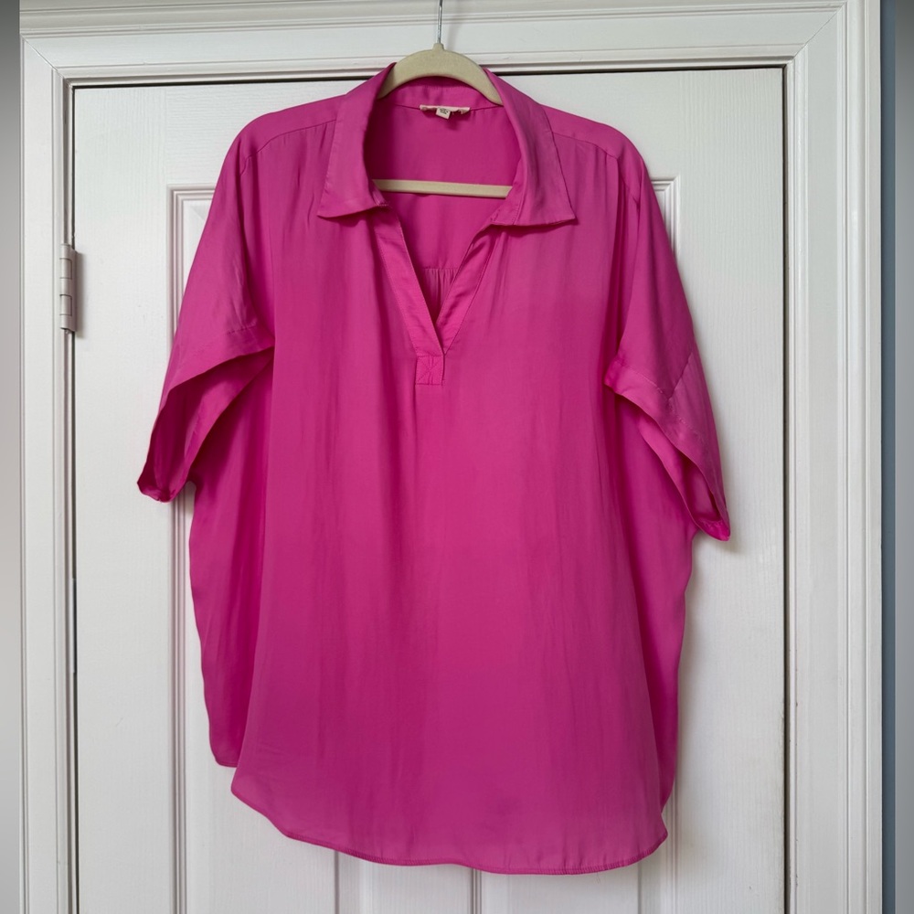 EESOME V-neck Collared Hot Pink Blouse